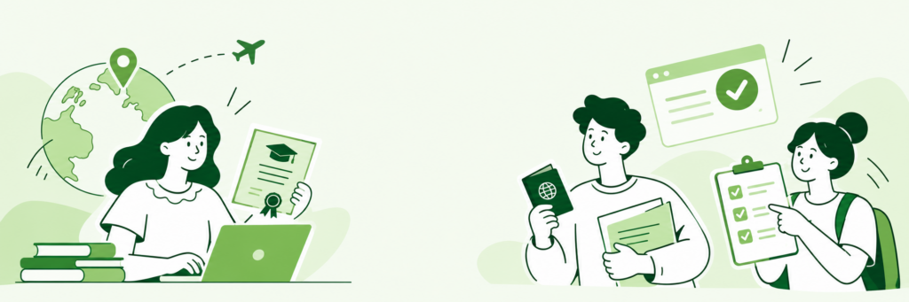 Illustration of the ZAB Statement of Comparability application process in Germany, showing a graduate with a university certificate, an applicant holding a passport, and a document verification checklist.