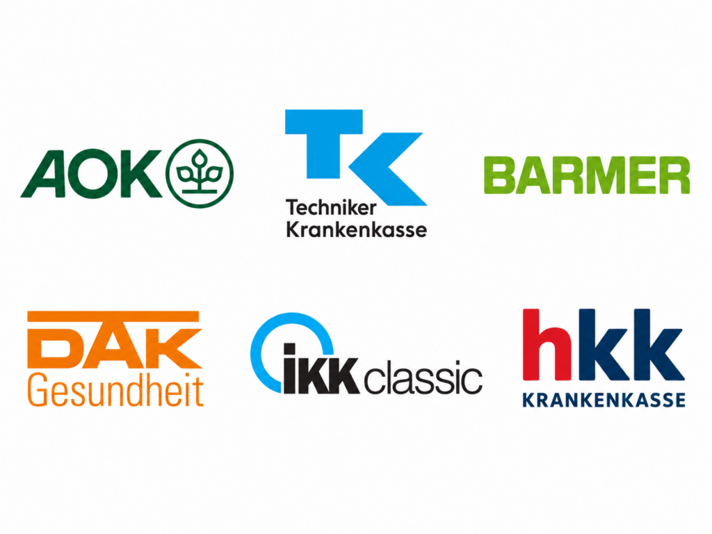 Logos of six German public health insurance providers: AOK, TK (Techniker Krankenkasse), Barmer, DAK Gesundheit, IKK classic, and hkk.